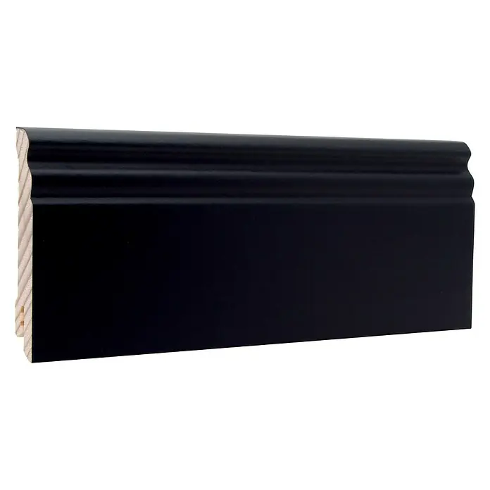 Sockelleiste - 240 cm x 16 mm x 80 mm, Fichte, Schwarz, Lackiert - Schwarze Sockelleiste mit profilierter Oberfläche, ideal für moderne Innenräume und als stilvoller Übergang zwischen Wand und Boden.