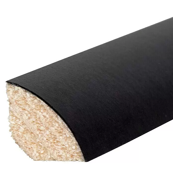 Viertelstab - 240 cm x 14 mm x 14 mm, Fichte, Schwarz - Rolle schwarzer Teppichunterlage mit freiliegender beiger Plüschpolsterung am Schnittrand.