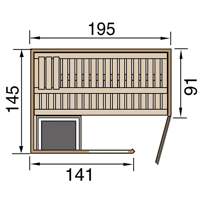 Weka Massivholzsauna Cubilis - Mit 7,5 kW Bio-Ofen mit digitaler Steuerung, L x B x H: 188 x 138 x 205 cm - Draufsicht einer Sauna mit den Maßen 195 cm Breite, 145 cm Höhe, 91 cm Tiefe und 141 cm Länge.