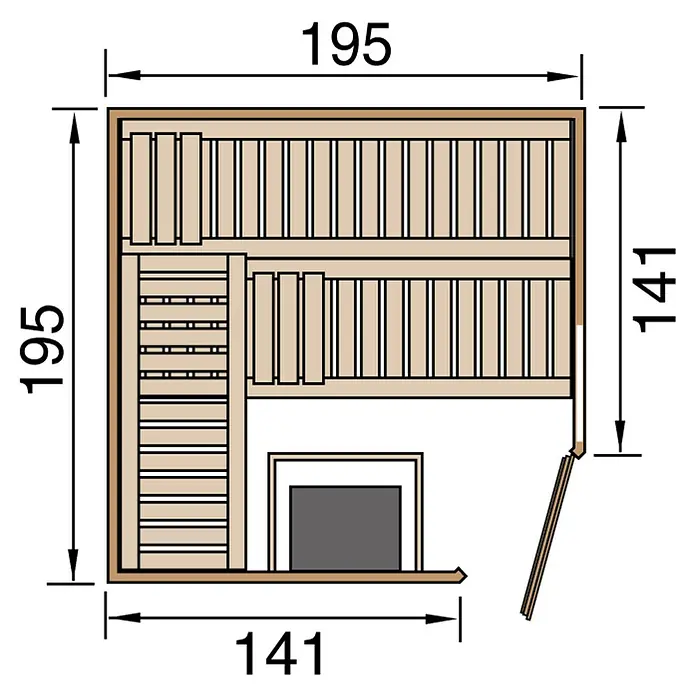 Weka Massivholzsauna Cubilis - Mit 7,5 kW Bio-Ofen mit digitaler Steuerung, L x B x H: 188 x 188 x 205 cm - Grundriss einer Sauna mit Abmessungen. Die Sauna ist aus hellem Holz gefertigt und bietet Platz für mehrere Personen.