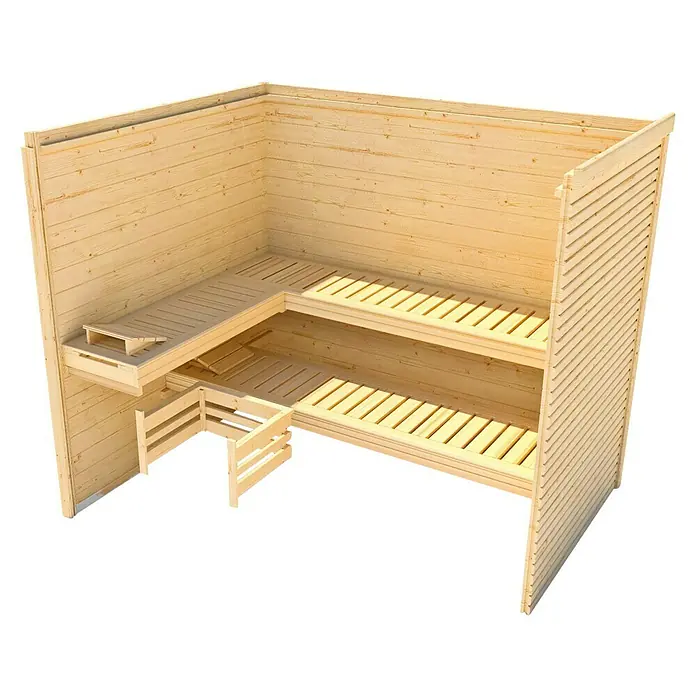 Weka Massivholzsauna Cubilis - Mit 7,5 kW Bio-Ofen mit digitaler Steuerung, L x B x H: 188 x 188 x 205 cm - Holzsauna-Interieur mit zwei Sitzbänken und einem kleinen Podest. Ideal für entspannende Wellness-Momente im eigenen Zuhause.