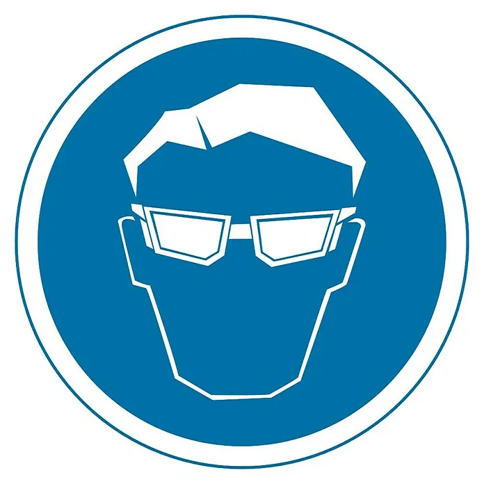 Cartel - Azul/Blanco, Uso obligatorio de gafas de seguridad, 10,5 x 10,5 cm - Señal de seguridad azul con una persona usando gafas de seguridad, indicando la necesidad de protección ocular.
