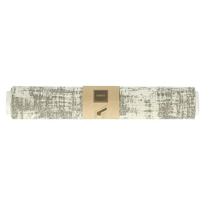 Tischläufer Velvet - 140 x 30 cm, Samt, Beige - Eine gerollte Tischdecke von Iznaiz mit einem abstrakten Muster in Grau- und Weißtönen, die Eleganz und Stil für den Tisch bietet.