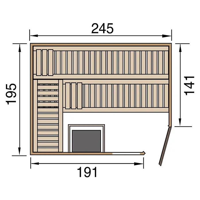 Weka Massivholzsauna Cubilis - Mit 7,5 kW Bio-Ofen mit digitaler Steuerung, L x B x H: 238 x 188 x 205 cm - Grundriss einer Sauna mit Maßen. Die Sauna hat eine Breite von 245 cm und eine Tiefe von 191 cm. Die Höhe beträgt 195 cm.