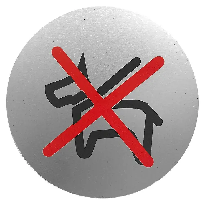 Rótulo - Plateado/Negro, Prohibido el paso a perros, 9 cm - La imagen muestra una señal redonda con un símbolo rojo de "no se admiten perros" sobre un fondo de color plateado, lo que indica una clara prohibición.