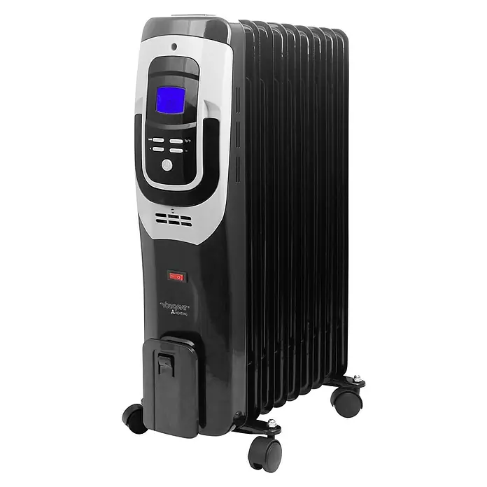 Voltomat HEATING Ölradiator - 2.000 W, Raumgröße bis ca. 25 m², Schwarz - Abbildung eines schwarzen Ölradiators mit digitaler Anzeige und Rollen, ideal zum Beheizen von Räumen.