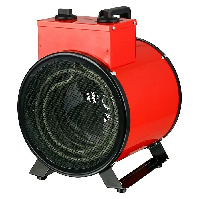 Voltomat HEATING Bauheizer - Passend für: Raumgröße bis ca. 35 m², 1.000 W - 3.000 W, Nennspannung: 220 V - 240 V, Rot, IP24 - Roter Heizlüfter mit schwarzem Schutzgitter und Griff für den Transport. Das Gerät bietet effiziente Wärme für Werkstätten oder Baustellen.