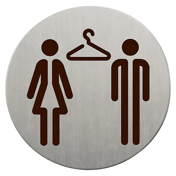 Rótulo - Plateado/Negro, Vestuario mixto - Símbolo de un vestuario, representado sobre una superficie metálica redonda. Incluye figuras estilizadas y una percha.