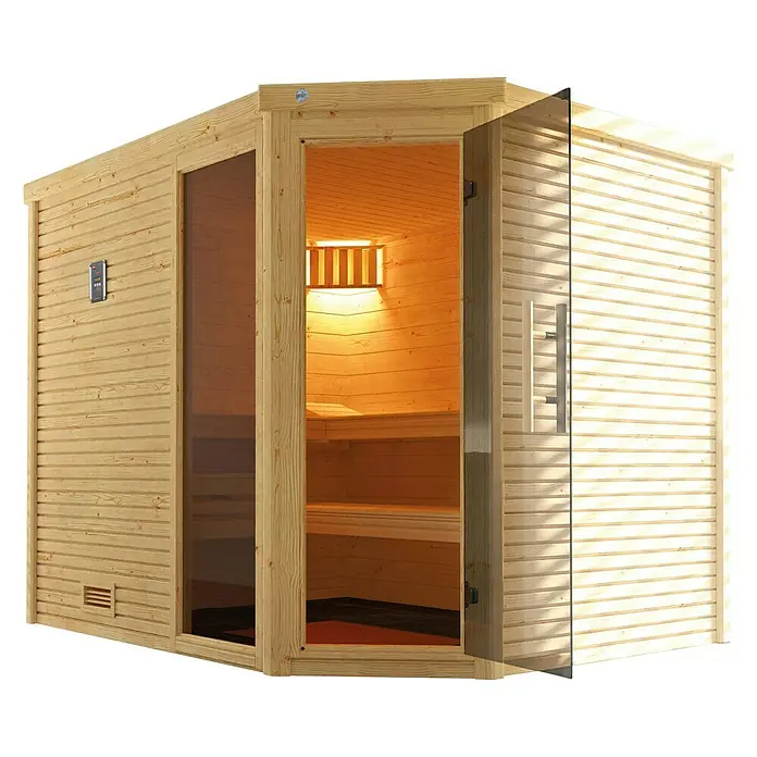 Weka Massivholzsauna Cubilis - Mit 7,5 kW Bio-Ofen mit digitaler Steuerung, L x B x H: 238 x 188 x 205 cm - Eine hölzerne Sauna mit Glastür und Bänken im Inneren, die zum Entspannen einlädt. Die Beleuchtung sorgt für eine gemütliche Atmosphäre.