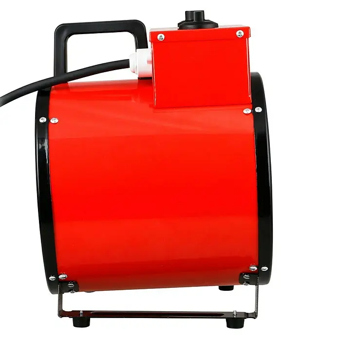 Voltomat HEATING Bauheizer - Passend für: Raumgröße bis ca. 35 m², 1.000 W - 3.000 W, Nennspannung: 220 V - 240 V, Rot, IP24 - Roter Industrieventilator mit schwarzem Rahmen und Griff. Ideal für Werkstätten und Baustellen, bietet hohe Leistung.