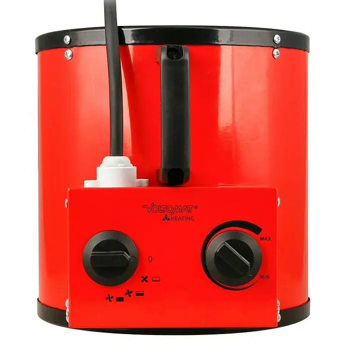Voltomat HEATING Bauheizer - Passend für: Raumgröße bis ca. 35 m², 1.000 W - 3.000 W, Nennspannung: 220 V - 240 V, Rot, IP24 - Abbildung eines roten VOLTOMAT Heizgeräts mit Reglern für Temperatur und Lüfterstärke. Ideal für Werkstatt oder Baustelle.