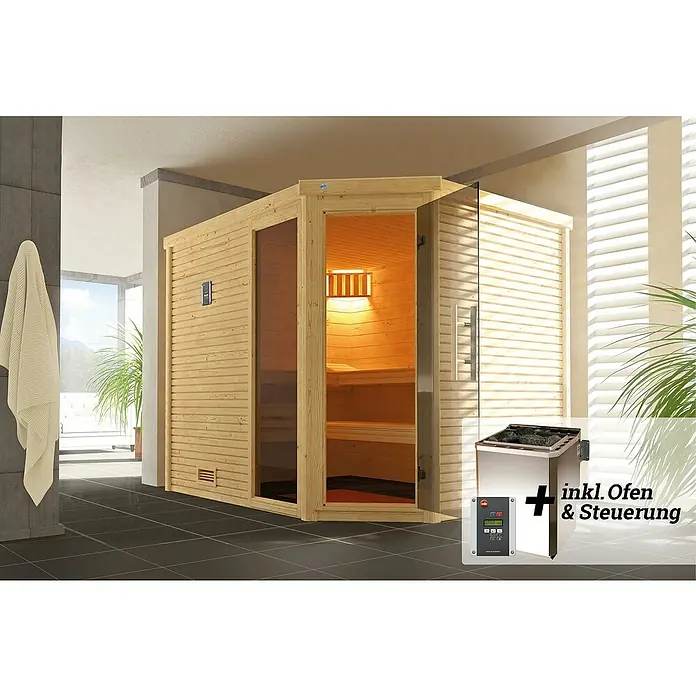 Weka Massivholzsauna Cubilis - Mit 7,5 kW Bio-Ofen mit digitaler Steuerung, L x B x H: 238 x 188 x 205 cm - Innenansicht einer Sauna mit Holzbänken und einem Ofen mit Steuerung. Die Sauna ist aus hellem Holz gefertigt und bietet Platz für mehrere Personen.