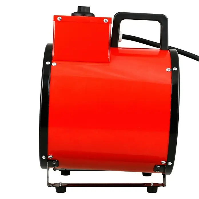 Voltomat HEATING Bauheizer - Passend für: Raumgröße bis ca. 35 m², 1.000 W - 3.000 W, Nennspannung: 220 V - 240 V, Rot, IP24 - Nahaufnahme eines roten, zylinderförmigen Heizlüfters mit schwarzem Griff und schwarzen Kanten.