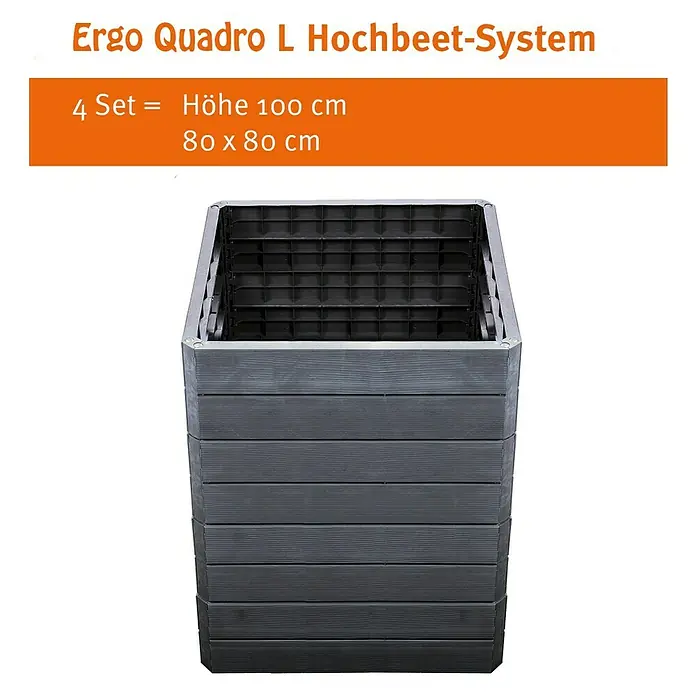 Garantia Hochbeet Ergo Quadro L - 80 x 80 x 25 cm, Kunststoff, Anthrazit, Holzoptik - Das Ergo Quadro L Hochbeet-System: Ein 80x80 cm großer, grauer Pflanzkasten mit 100 cm Höhe, ideal für den Garten.