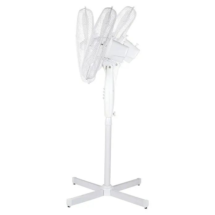 Ventilador de pie Alpina - Blanco, 40 cm, 128 cm - Imagen de un ventilador de pie blanco. El ventilador se muestra sobre un fondo negro y está apagado.