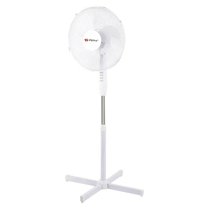 Ventilador de pie Alpina - Blanco, 40 cm, 128 cm - Un ventilador de pie blanco Alpina con rejilla redonda y base estable para una refrigeración cómoda en días calurosos.
