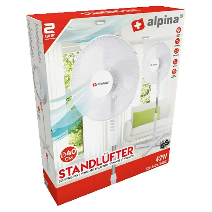 Ventilador de pie Alpina - Blanco, 40 cm, 128 cm - Imagen de un ventilador de pie Alpina en su embalaje del producto. Un ventilador de 42W con una garantía de 2 años.