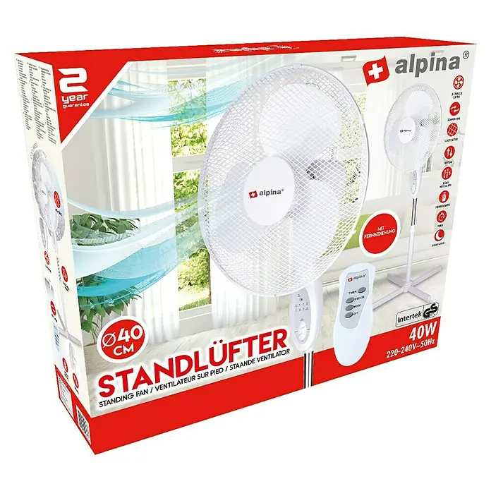 Ventilador de pie Alpina con mando a distancia - Blanco, 40 cm, 125 cm - Imagen del ventilador de pie Alpina con mando a distancia, 40 cm de diámetro y 40W de potencia, ideal para los días calurosos.