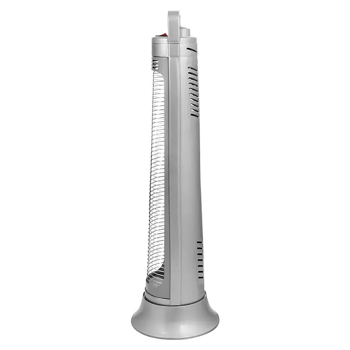 Voltomat HEATING Infrarot-Heizstrahler - 22 x 22 x 77 cm, 900 W, Silber - Silberner Turmventilator mit Lüftungsgitter und Tragegriff. Das Gerät sorgt für eine angenehme Kühlung im Raum.