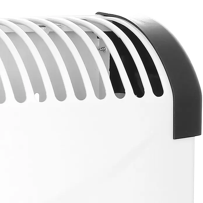 Emerio Konvektorheizung CH-128215 - 2.000 W, Raumgröße bis ca. 18 m², Weiß - Nahaufnahme eines weißen Heizkörpers mit schwarzen Akzenten, der ein modernes und funktionales Design zeigt.