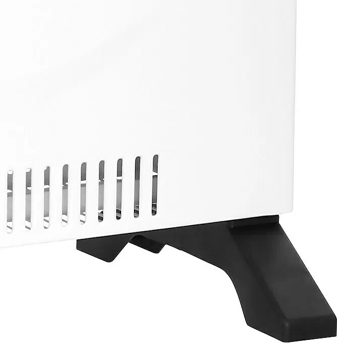Emerio Konvektorheizung CH-128215 - 2.000 W, Raumgröße bis ca. 18 m², Weiß - Unterseite eines weißen Heizgeräts mit Lüftungsschlitzen und schwarzen Füßen.