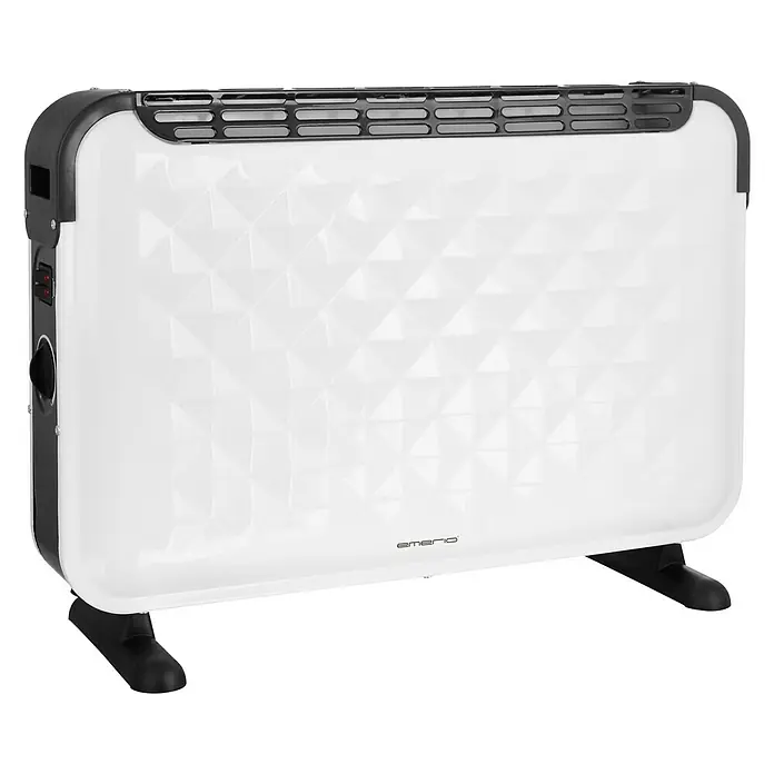 Emerio Konvektorheizung CH-106492 ROMBO - 2.000 W, Raumgröße bis ca. 20 m², Weiß/Schwarz - Ein weißer Emerio Konvektionsheizer mit schwarzen Akzenten und Standfüßen. Das Gerät verfügt über ein modernes, geometrisches Design auf der Vorderseite.
