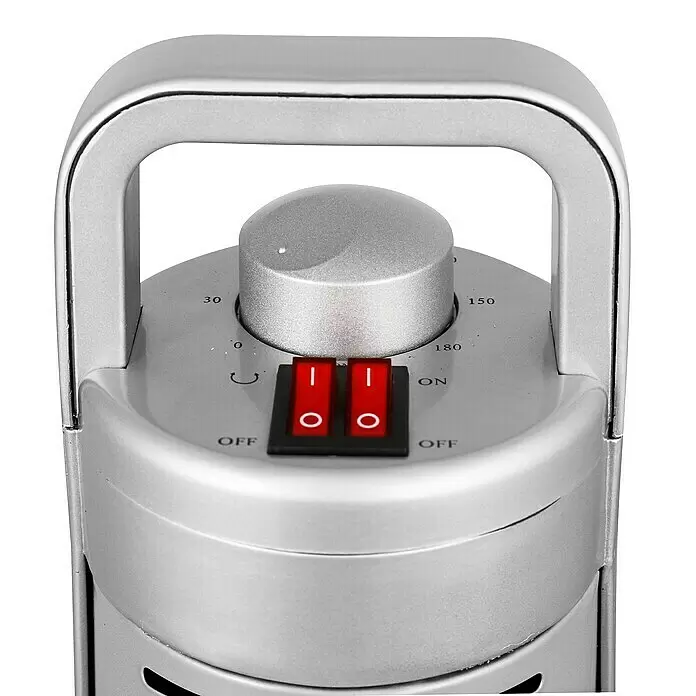 Voltomat HEATING Infrarot-Heizstrahler - 22 x 22 x 77 cm, 900 W, Silber - Oberseite eines silbernen Geräts mit Griff, Drehregler und zwei roten ON/OFF-Kippschaltern.