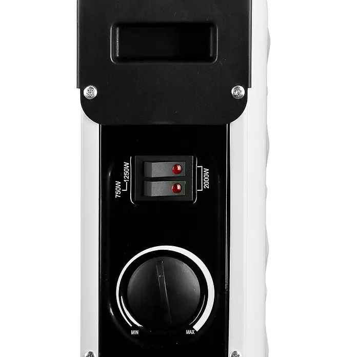Emerio Konvektorheizung CH-106492 ROMBO - 2.000 W, Raumgröße bis ca. 20 m², Weiß/Schwarz - Nahaufnahme der Bedienelemente eines Heizgeräts, einschließlich Leistungsstufen und Temperaturregler.