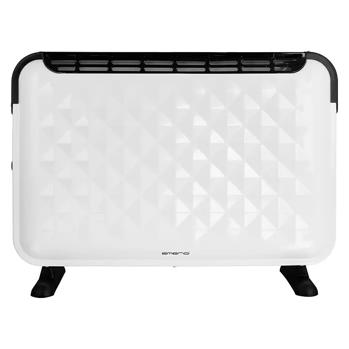 Emerio Konvektorheizung CH-106492 ROMBO - 2.000 W, Raumgröße bis ca. 20 m², Weiß/Schwarz - Weißer Emerio Konvektionsheizkörper mit schwarzem Rahmen und Füßen für wohlige Wärme im Raum.