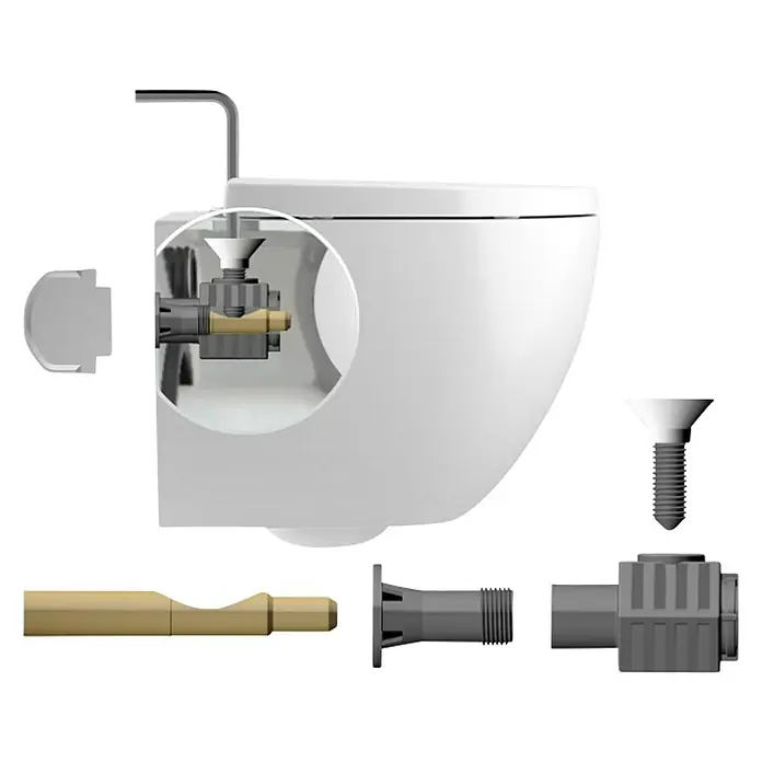 Camargue Paris Wand-WC-Set 2.0 Power-Flush - Spülrandlos, Ohne Spezialglasur, Spülform: Tief, WC Abgang: Waagerecht, Weiß - Abbildung einer modernen Toilette mit hervorgehobenen Montageteilen zur einfachen Installation und Wartung.