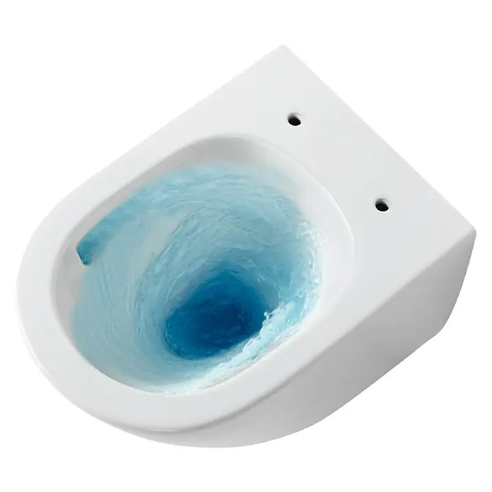 Camargue Paris Wand-WC-Set 2.0 Power-Flush - Spülrandlos, Ohne Spezialglasur, Spülform: Tief, WC Abgang: Waagerecht, Weiß - Eine Nahaufnahme einer weißen, wandhängenden Toilette mit blauem Wasserwirbel im Inneren. Die Toilette hat eine moderne Form.