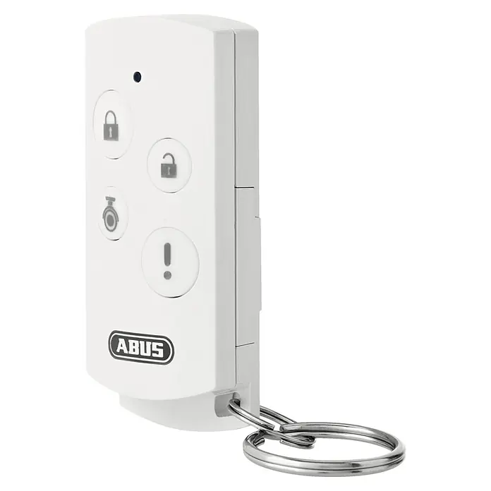 Abus Smartvest Alarmanlagen-Fernbedienung FUBE35001A - 14 x 30 x 60 mm - Nahaufnahme einer weißen ABUS-Fernbedienung mit vier Tasten und einem Schlüsselring zur Steuerung eines Sicherheitssystems.