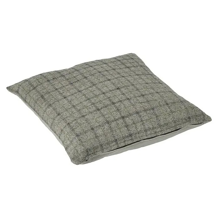 Kissen Evry - Grau, 43 x 43 cm - Nahaufnahme eines quadratischen Tweed-Kissens mit subtilem Karomuster auf einem neutralen Hintergrund, ideal für Dekoration.
