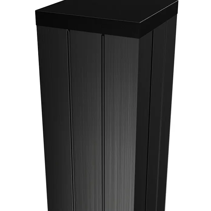 T & J Zaunpfosten-Set - 6,8 cm x 68 mm x 180 cm, Anthrazit, Aluminium - Detailaufnahme eines modernen, schwarzen Gehäuses mit gebürsteter Oberfläche, das elegante Design und hochwertige Verarbeitung vereint.