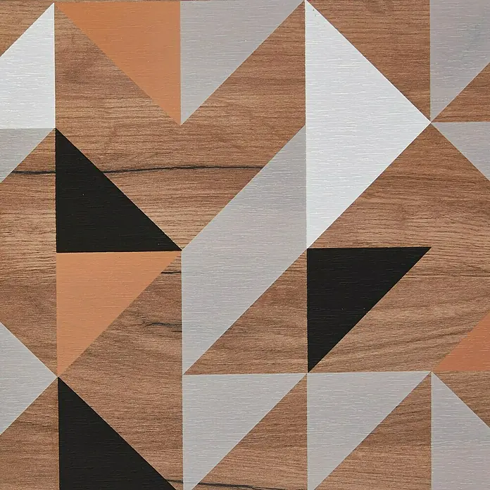 Phönix Spectral Highboard - L x B x H: 45 x 100 x 130 cm, Holzfarben - Geometrisches Holzmuster mit Dreiecken in Holzoptik, Schwarz, Silber und Orange für eine moderne Wandgestaltung.