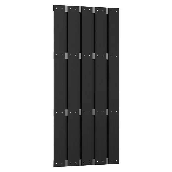 T & J Sichtschutzelement Eldena - 90 x 180 cm, Anthrazit - Hoher schwarzer Zaun aus vertikalen Latten und horizontalen grauen Schienen, mit Schrauben befestigt.