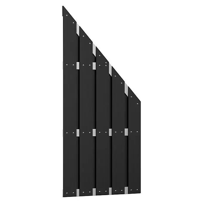 T & J Sichtschutzelement Eldena - 90 x 90/180 cm, Anthrazit - Schwarzer schräger Sichtschutzzaun mit silbernen horizontalen und diagonalen Verbindungselementen.