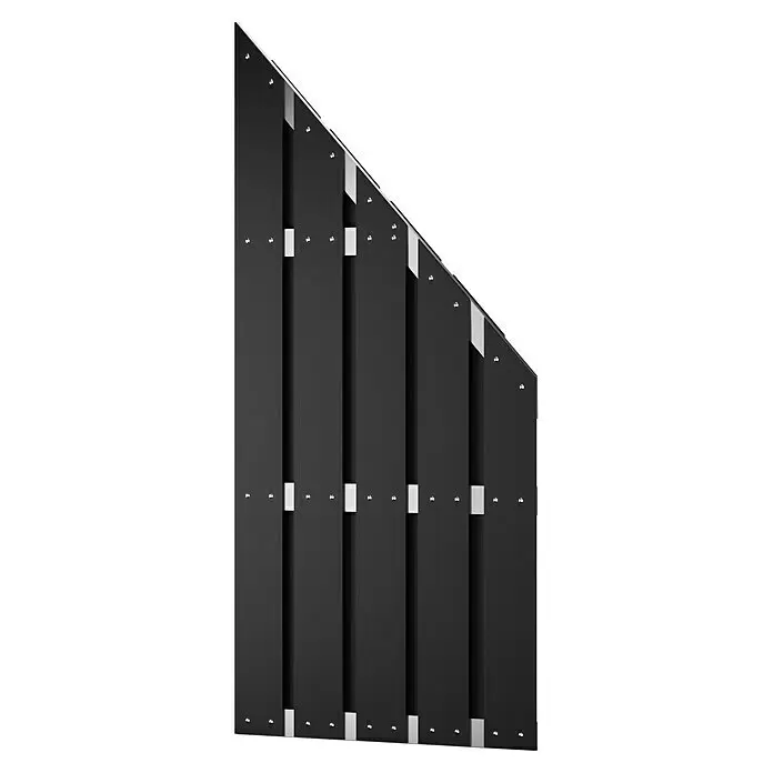 T & J Sichtschutzelement Eldena - 90 x 90/180 cm, Anthrazit - Schwarzer Lamellen-Sichtschutz mit silbernen Querstreben und Befestigungen, oben abgeschrägt.