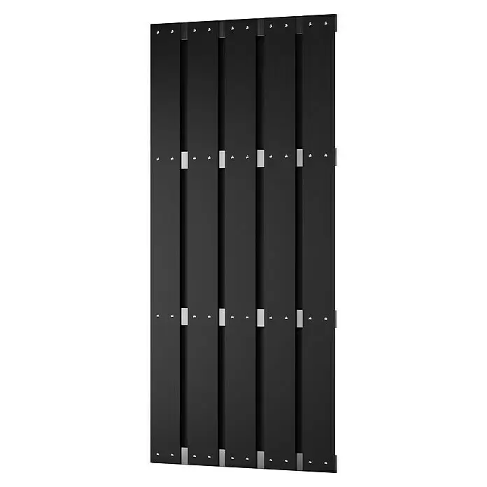 T & J Sichtschutzelement Eldena - 90 x 180 cm, Anthrazit - Modernes schwarzes Zaunfeld mit vertikalen Lamellen und silbernen Befestigungselementen.