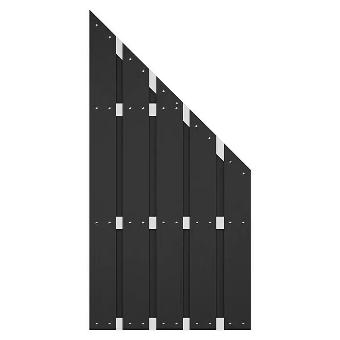 T & J Sichtschutzelement Eldena - 90 x 90/180 cm, Anthrazit - Dunkelgraues Zaunelement mit weißen Querstreben und silbernen Schrauben, oben diagonal zulaufend.