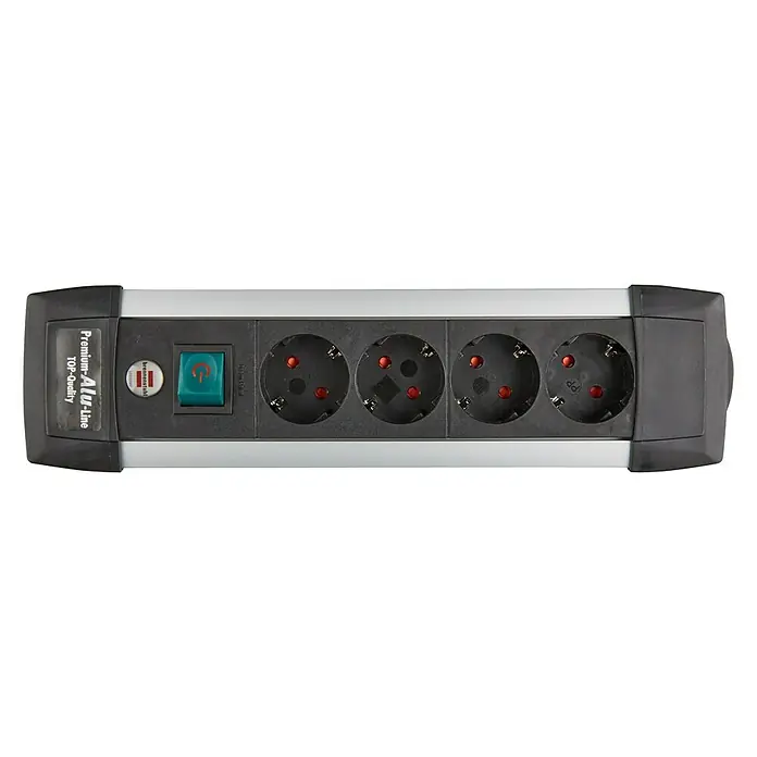 Brennenstuhl Premium-Alu-Line Base de enchufe múltiple - Número de enchufes Schuko: 4 ud., Negro/Plateado, Longitud del cable: 1,8 m, IP20, Con interruptor - Regleta Premium Alu-Line con cuatro enchufes, interruptor de protección contra sobretensiones, ideal para oficina y cine en casa.