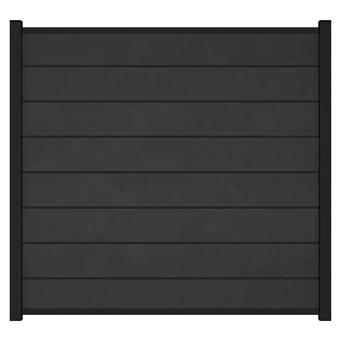 T & J Sichtschutzelement Set Gotland - B x H: 180 x 175 cm, Schiefergrau/Anthrazit - Schwarzer, horizontal ausgerichteter Sichtschutzzaun mit dunklen Pfosten.