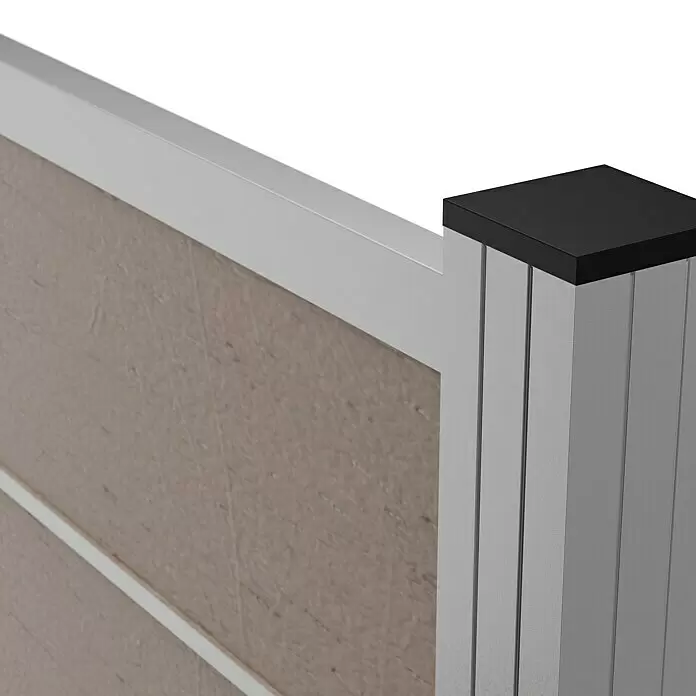 T & J Sichtschutzelement Gotland - B x H: 180 x 175 cm, Sand/Silber - Modulare Trennwand mit beigem Strukturelement, weißem Rahmen und grauem geriffeltem Pfosten mit schwarzer Kappe.