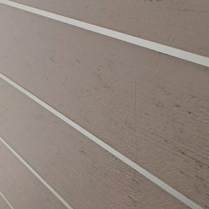 T & J Sichtschutzelement Gotland - B x H: 180 x 175 cm, Sand/Silber - Hellbraune Holzimitat-Verkleidung mit dünnen weißen horizontalen Linien.