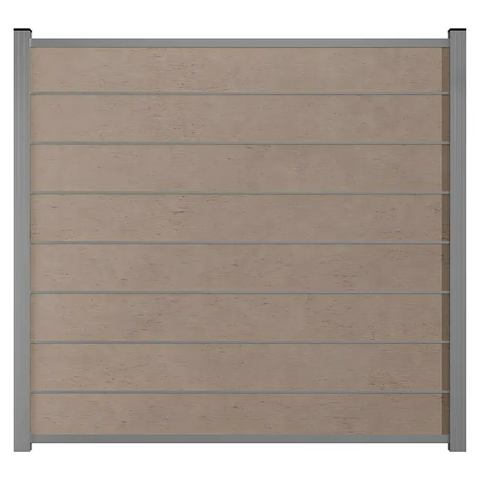 T & J Sichtschutzelement Gotland - B x H: 180 x 175 cm, Sand/Silber - Moderne, hellbraune WPC-Zaunpaneele mit eleganten Aluminiumrahmen bieten eine stilvolle und wartungsarme Lösung für Ihren Außenbereich.