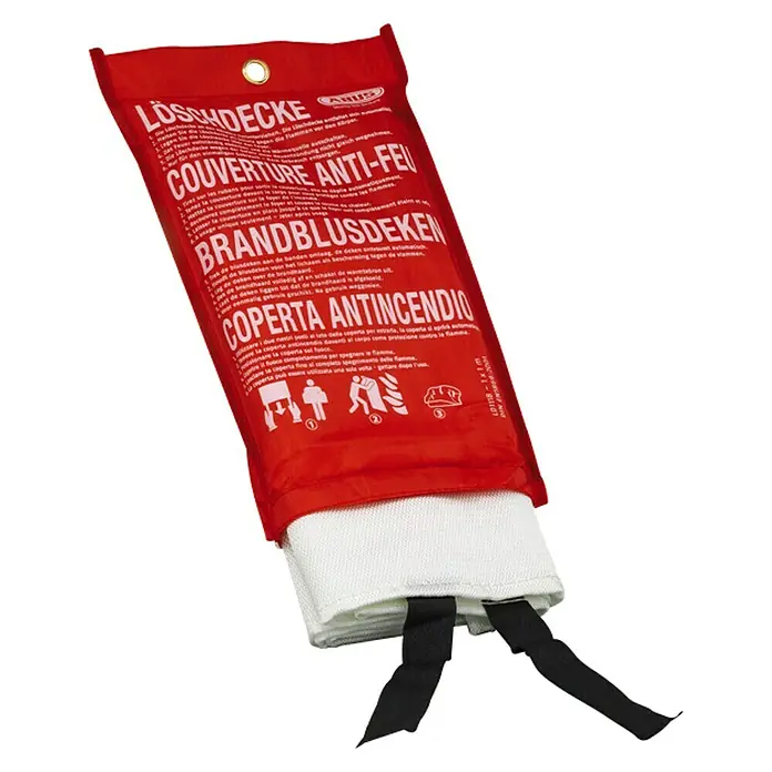 Abus Löschdecke LD1118 - L x B: 1 x 1 m - Feuerlöschdecke in roter Verpackung mit mehrsprachigen Anweisungen und Piktogrammen zur einfachen Verwendung im Notfall.