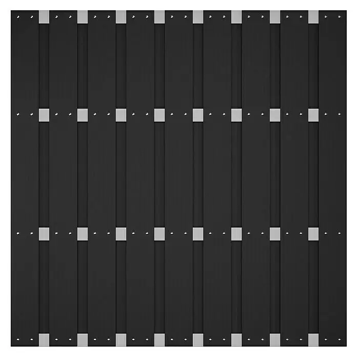T & J Sichtschutzelement Eldena - 180 x 180 cm, Anthrazit - Schwarze Zaunpaneele mit horizontalen silbernen Verbindungsleisten und Schrauben für eine moderne und sichere Abgrenzung.