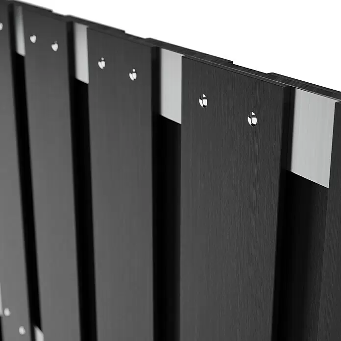 T & J Sichtschutzelement Eldena - 180 x 180 cm, Anthrazit - Dunkle, gebürstete Metallpaneele mit Silberelementen und hellen, dekorativen Perforationen.