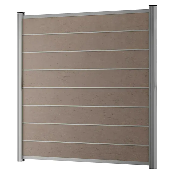 T & J Sichtschutzelement Gotland - B x H: 180 x 175 cm, Sand/Silber - Moderne Zaunanlage mit horizontalen Paneelen und silbernen Akzenten. Das Design bietet sowohl Privatsphäre als auch ein ansprechendes, zeitgemäßes Aussehen.
