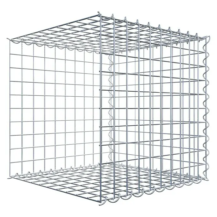 Gabiona Gabione Typ 2 - Zum Anbau in der Länge, 50 x 50 x 50 cm, Stahl, Maschenbreite: 50 mm, Maschenhöhe: 50 mm, Spirale - Abbildung eines Gabionenkorbs aus Drahtgitter. Das Produkt ist ideal für den Einsatz im Garten- und Landschaftsbau.